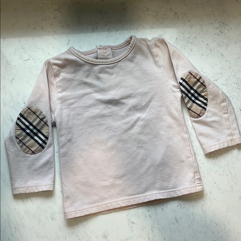 Burberry Long Sleeve Shirt with Plaid elbow patches Size: 12 months